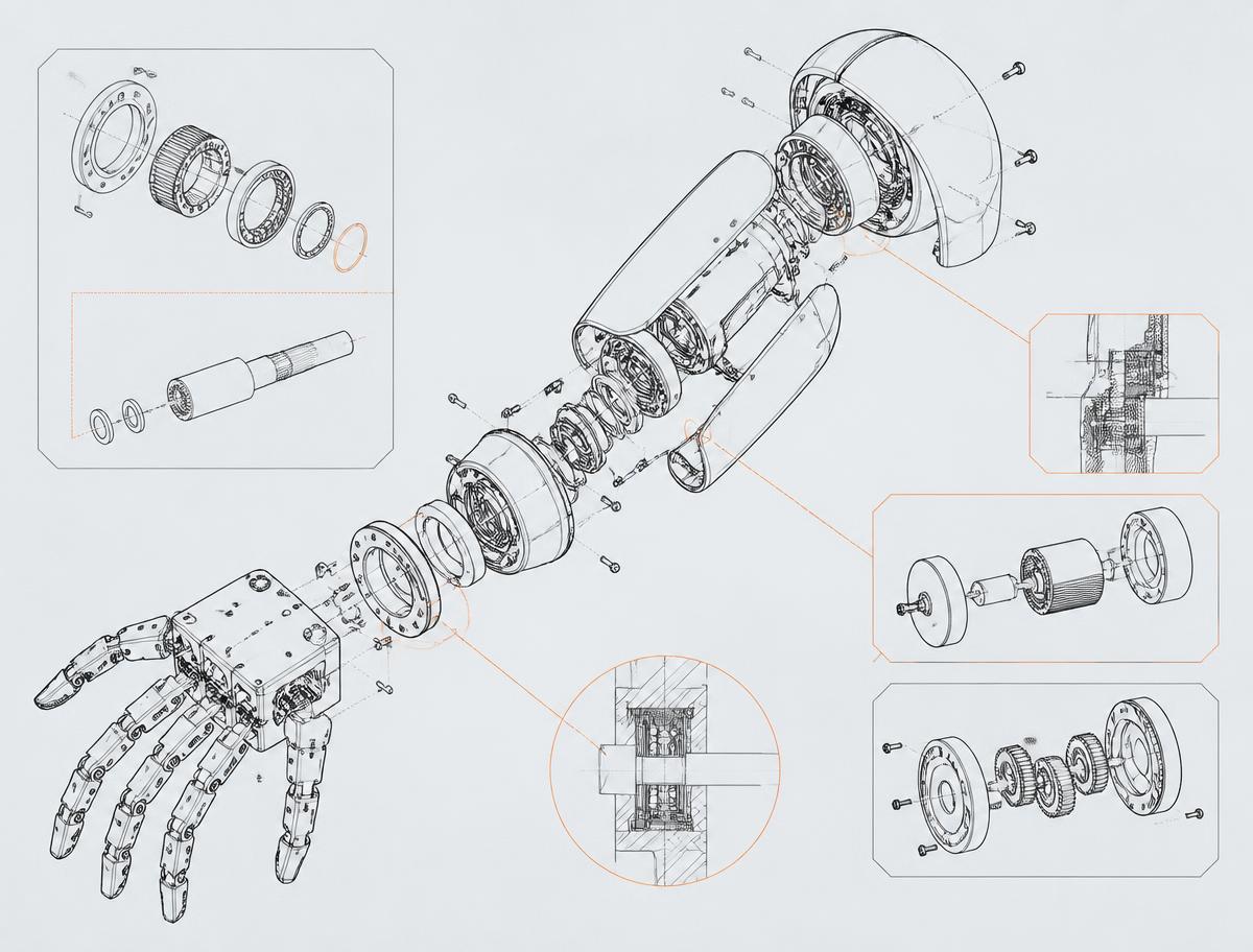 Exploded technical drawing of a robotic arm and hand